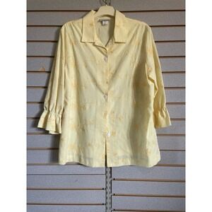 Graff Top Shirt Blouse 3/4 Sleeves EUC‎ VTG Button Down Embroidered Large Yellow